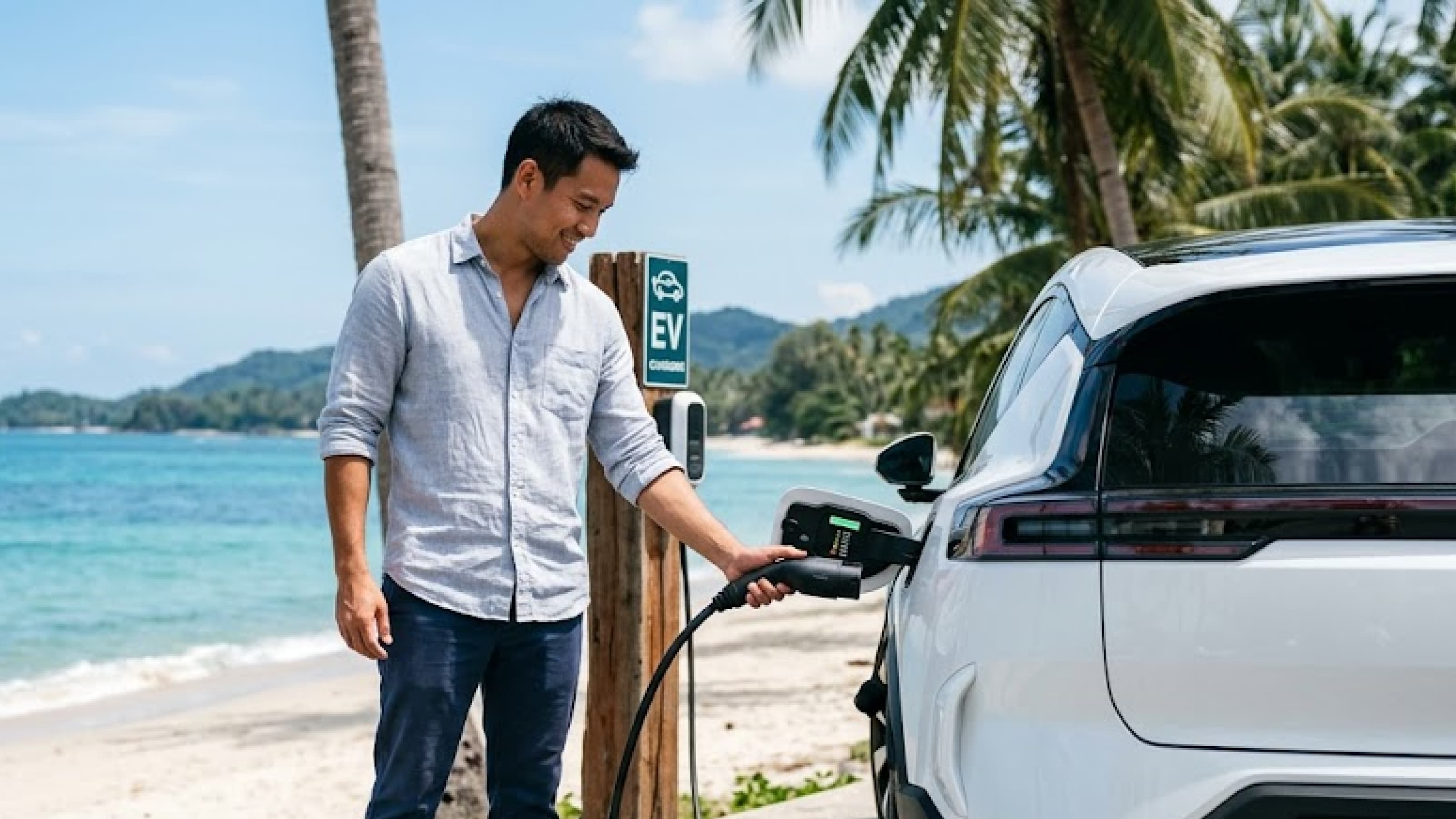 A man charging his electric car at a beachside EV charging point in Thailand